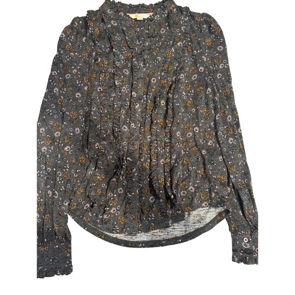 Boden Tops - Boden Grey Floral Ruffle Button Down Blouse Cotton Tencel Womens 6R